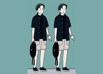 Desenho de dois jovens gêmeos vestidos com camisa azul, camiseta preta, bermuda bege, tênis azul e segurando mochila preta.