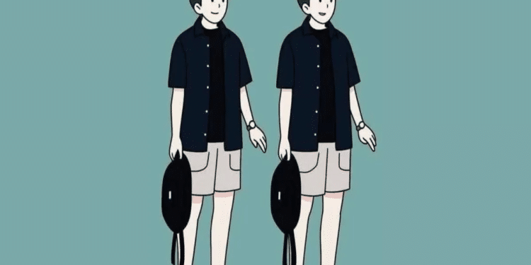 Desenho de dois jovens gêmeos vestidos com camisa azul, camiseta preta, bermuda bege, tênis azul e segurando mochila preta.