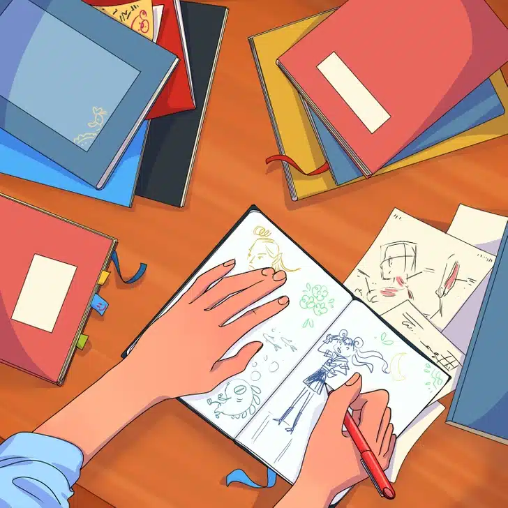 Desafio visual com ãos desenhando em caderno com diversos sketchbooks coloridos ao redor