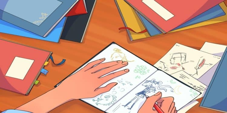 Desafio visual com ãos desenhando em caderno com diversos sketchbooks coloridos ao redor