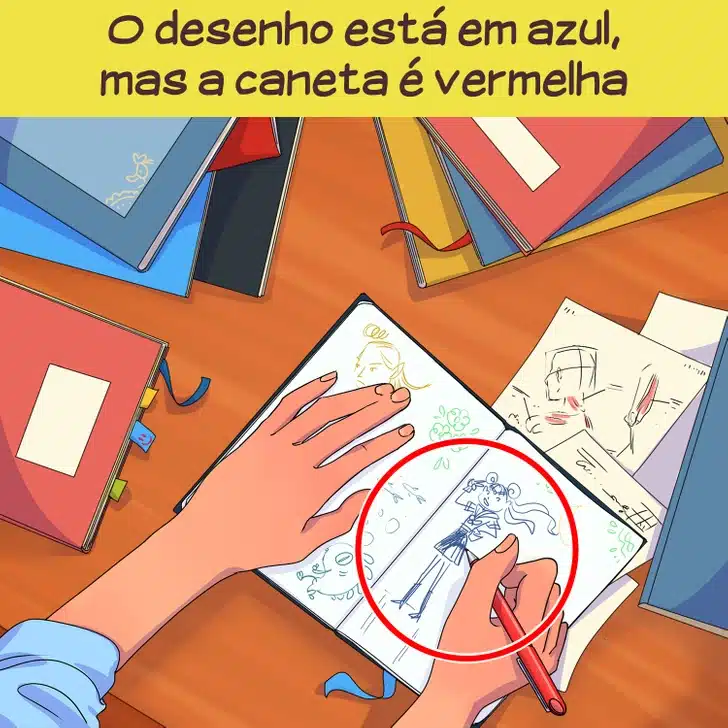 Desafio visual com ãos desenhando em caderno com diversos sketchbooks coloridos ao redor