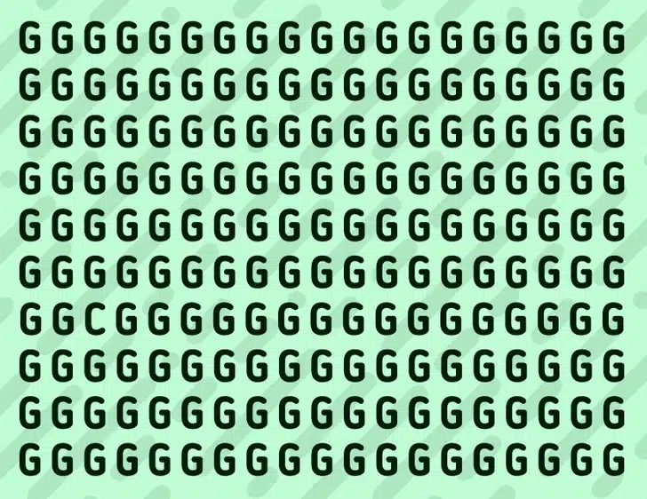 Desafio visual com várias letras G repetidas e uma letra diferente disfarçada entre elas
