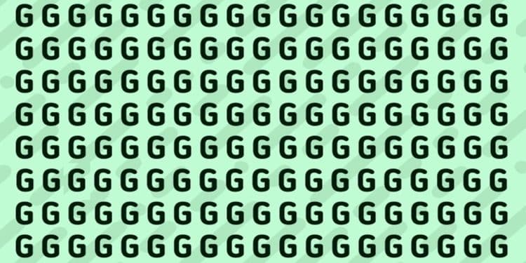 Desafio visual com várias letras G repetidas e uma letra diferente disfarçada entre elas
