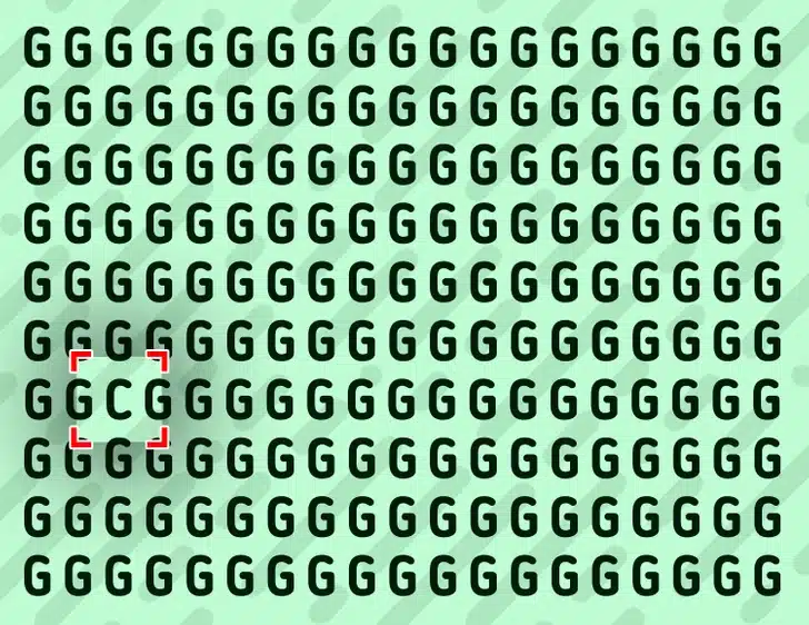 Desafio visual com várias letras G repetidas e uma letra diferente disfarçada entre elas