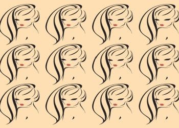 Desafio visual com rostos femininos estilizados, padrão vetorial repetitivo