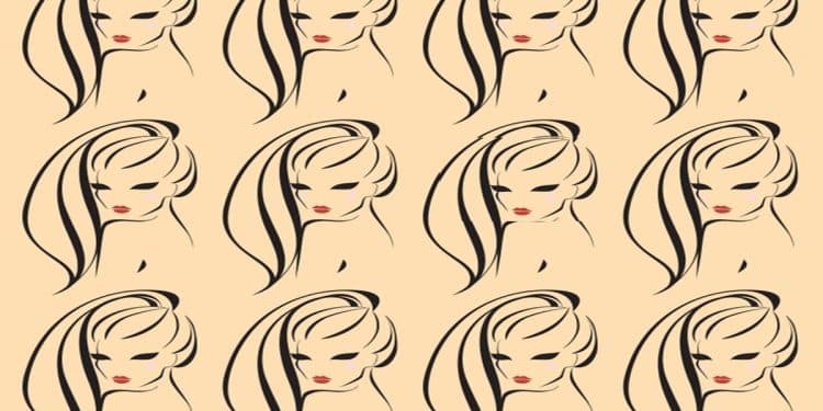 Desafio visual com rostos femininos estilizados, padrão vetorial repetitivo