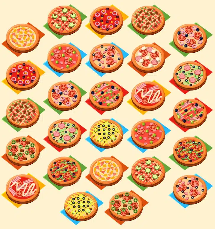 Cada pizza apresenta combinações criativas de ingredientes, representando a diversidade das pizzarias atuais.