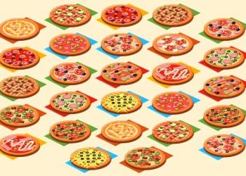 Desafio visual com mais de vinte e cinco pizzas diferentes e coloridas em fundo claro, mostrando variedade de coberturas