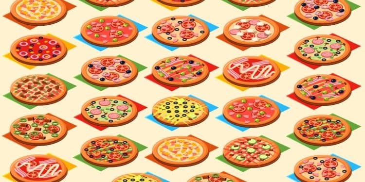 Desafio visual com mais de vinte e cinco pizzas diferentes e coloridas em fundo claro, mostrando variedade de coberturas