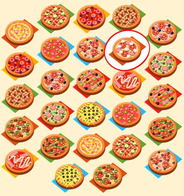 Desafio visual com mais de vinte e cinco pizzas diferentes e coloridas em fundo claro, mostrando variedade de coberturas