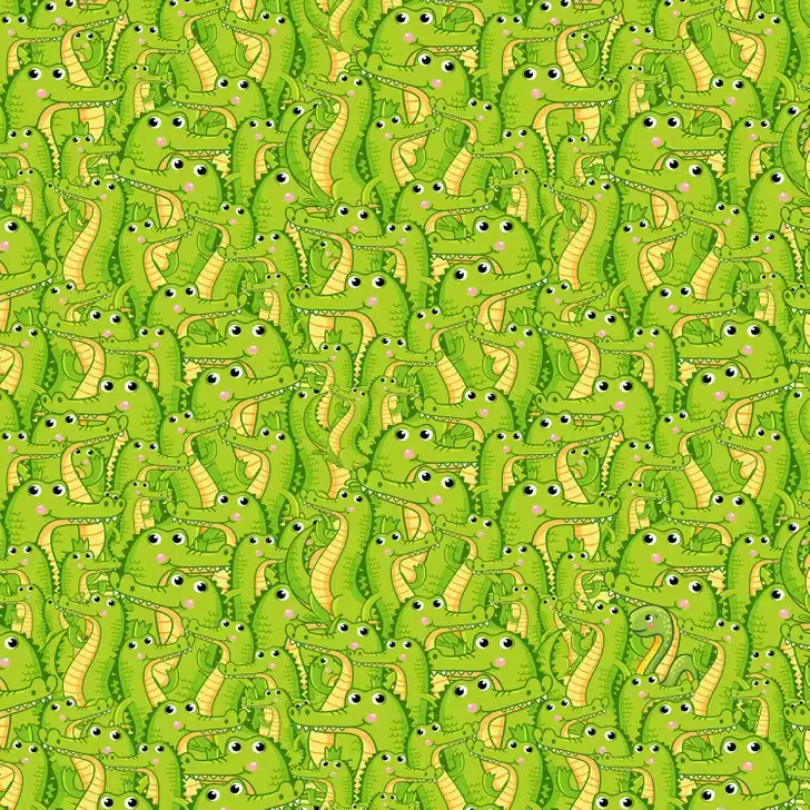 Desafio visual com desenho repetido de jacarés verdes