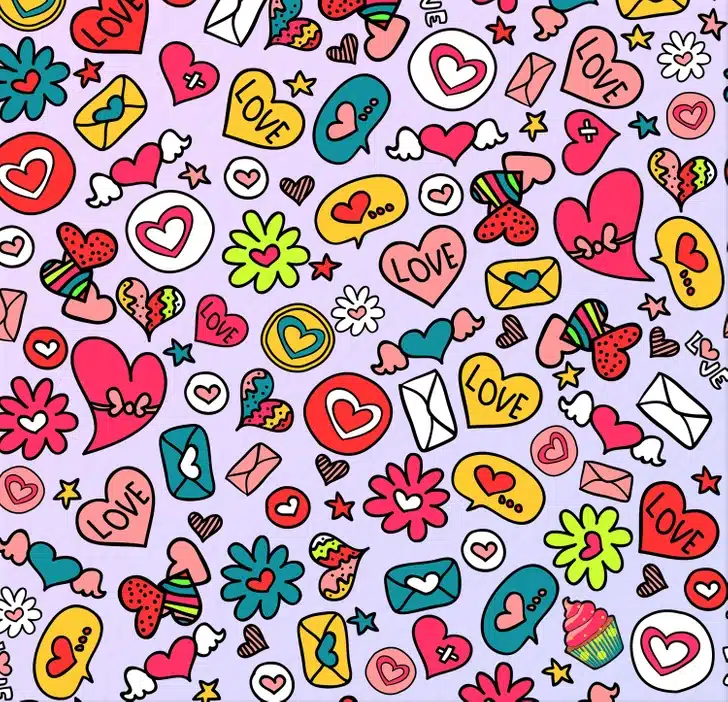 Desafio visual com um padrão colorido com corações, cartas de amor, flores e estrelas em fundo roxo