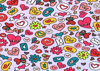 Desafio visual com um padrão colorido com corações, cartas de amor, flores e estrelas em fundo roxo