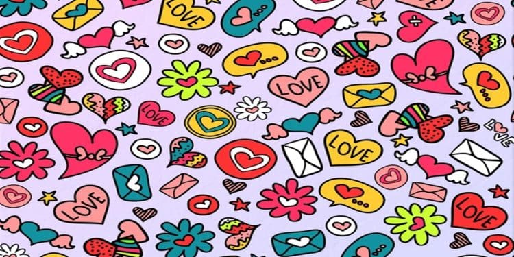 Desafio visual com um padrão colorido com corações, cartas de amor, flores e estrelas em fundo roxo