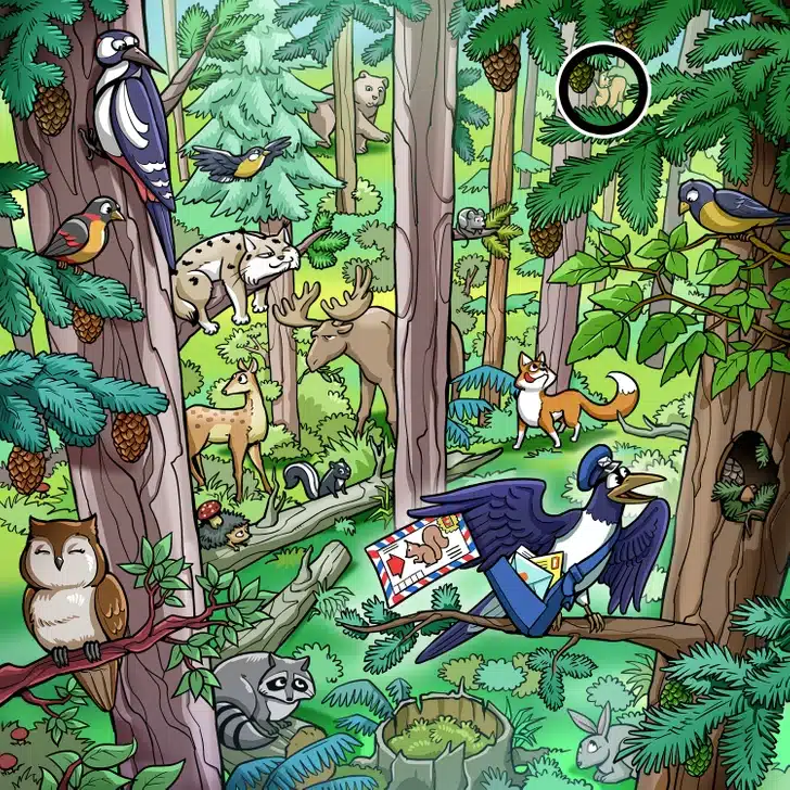 Desafio visual com uma ilustração colorida de vários animais da floresta em meio a árvores com pinhas, incluindo pássaros, raposa, guaxinim e coruja.