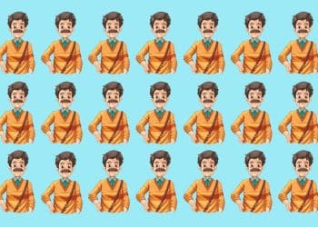 Desafio visual com homem de bigode com suéter laranja repetido várias vezes em fundo azul