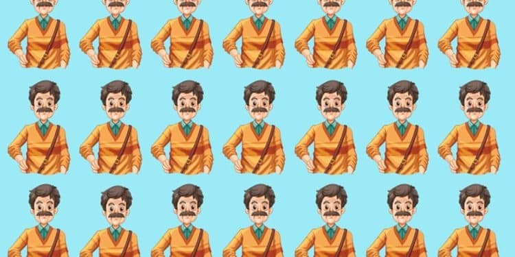 Desafio visual com homem de bigode com suéter laranja repetido várias vezes em fundo azul
