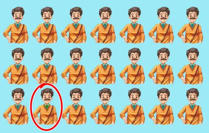 Desafio visual com homem de bigode com suéter laranja repetido várias vezes em fundo azul