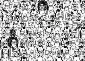 Ilustração com diversos Stormtroopers de Star Wars; há um personagem diferente oculto.