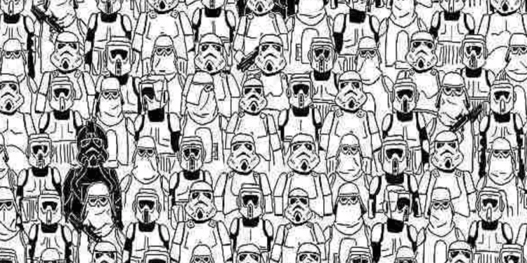 Ilustração com diversos Stormtroopers de Star Wars; há um personagem diferente oculto.