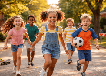 Grupo de cinco crianças sorrindo e correndo em uma rua com brinquedos e bola de futebol