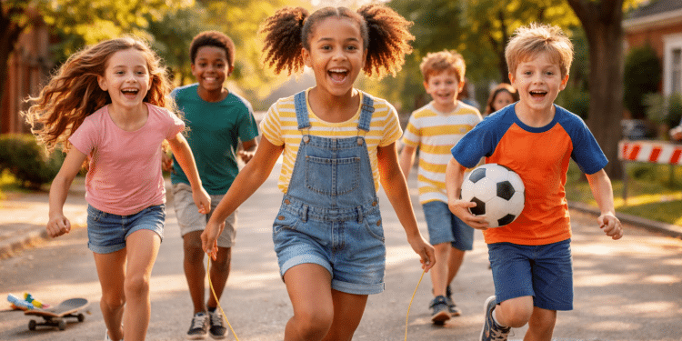 Grupo de cinco crianças sorrindo e correndo em uma rua com brinquedos e bola de futebol