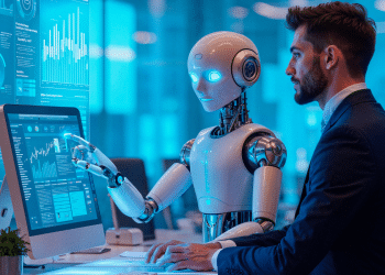 Robô e profissional colaborando em análise de dados, representando o uso de IA no mercado de trabalho.