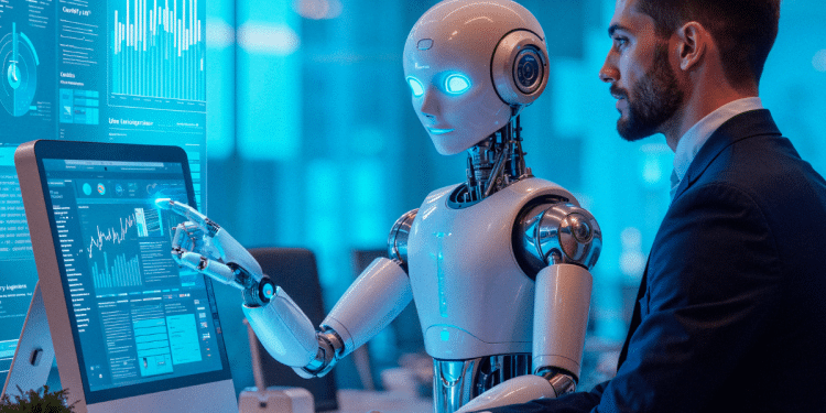 Robô e profissional colaborando em análise de dados, representando o uso de IA no mercado de trabalho.