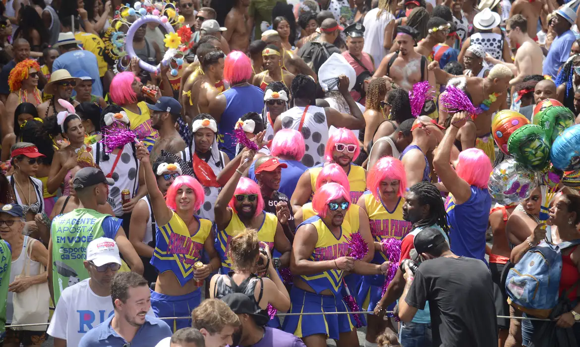 Fotografia de uma multidão em um bloco de rua durante o Carnaval. Diversas pessoas usam perucas rosa choque, óculos de sol coloridos e fantasias de torcida azul e amarela, segurando pompons e balões sob o sol.