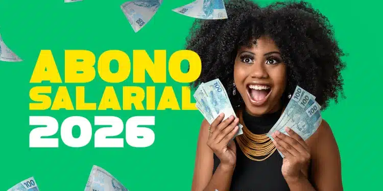 Notas de 100 reais sendo retiradas de caixa eletrônico moderno, representando o saque do abono salarial 2026.