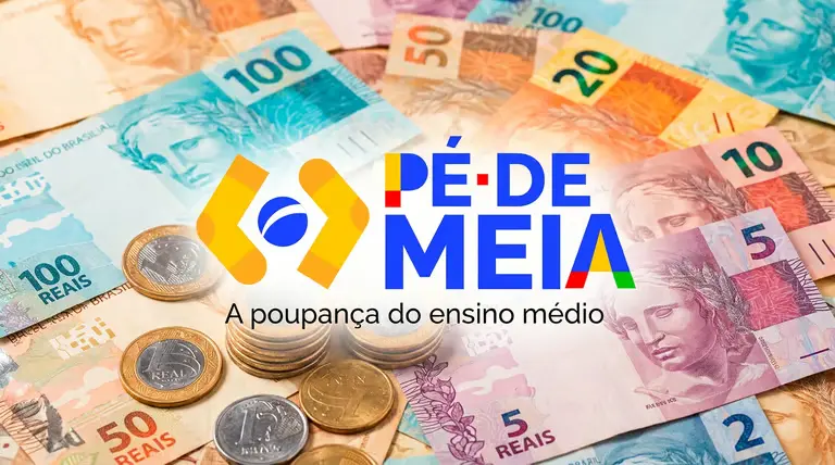 Logo do Pé-de-Meia sobre cédulas e moedas de real, representando o calendário de pagamento do incentivo em junho.