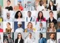 Mosaico colorido com fotos de 28 profissionais diferentes, incluindo médicos, engenheiros, mecânicos, cozinheiros e executivos, sorrindo em seus ambientes de trabalho.