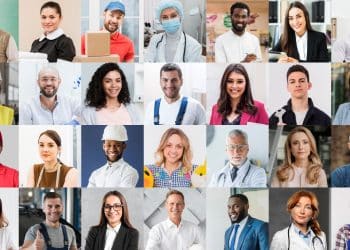 Mosaico colorido com fotos de 28 profissionais diferentes, incluindo médicos, engenheiros, mecânicos, cozinheiros e executivos, sorrindo em seus ambientes de trabalho.