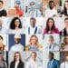 Mosaico colorido com fotos de 28 profissionais diferentes, incluindo médicos, engenheiros, mecânicos, cozinheiros e executivos, sorrindo em seus ambientes de trabalho.