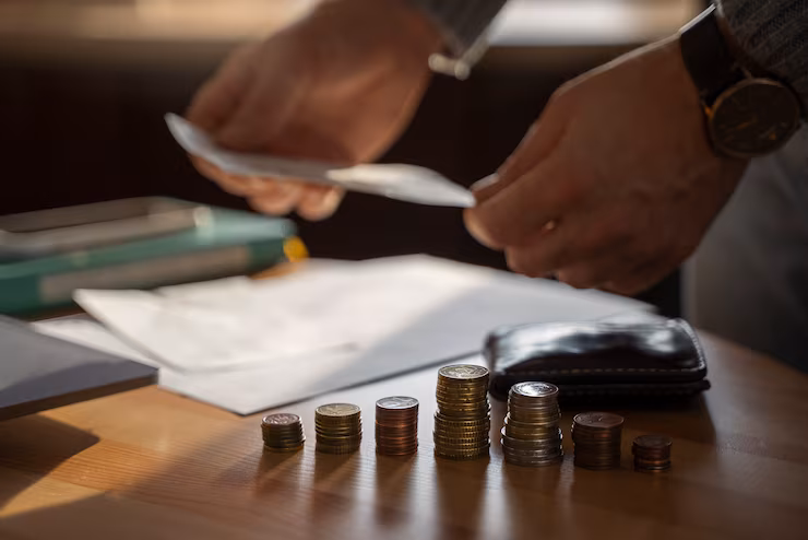 Pessoa organizando dinheiro em moedas sobre uma mesa, com documentos e carteira ao fundo.