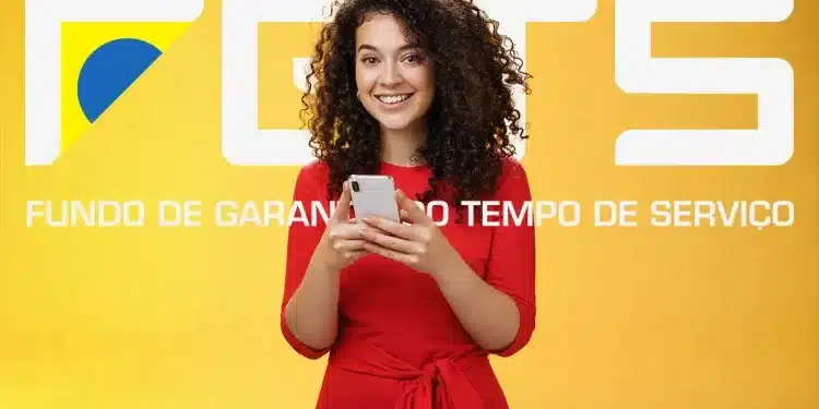 Mulher sorrindo e usando um celular com o logo do FGTS ao fundo, simbolizando o processo de saque-aniversário do FGTS.