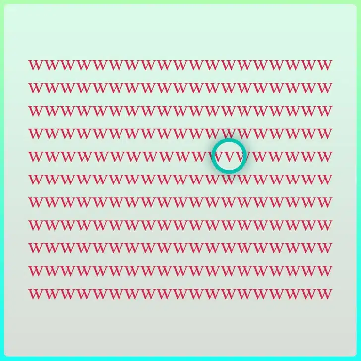 Encontre a letra diferente camuflada no fundo, verde entre as letras W repetidas em vermelho Teste visual com fundo verde e diversos caracteres "w" em vermelho, repetidos em linhas horizontais.