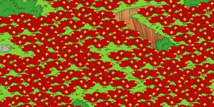 Teste visual com ilustração de muitos passarinhos vermelhos em um campo verde; há uma maçã escondida na cena