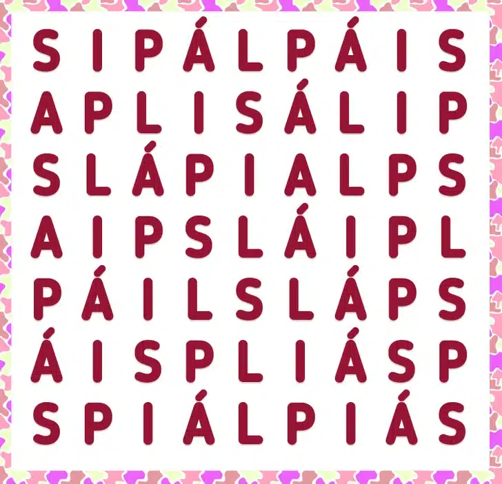 Teste visual com caça-palavras colorido e várias letras repetidas em diferentes posições.