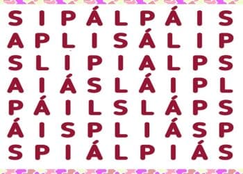 Teste visual com caça-palavras colorido e várias letras repetidas em diferentes posições.