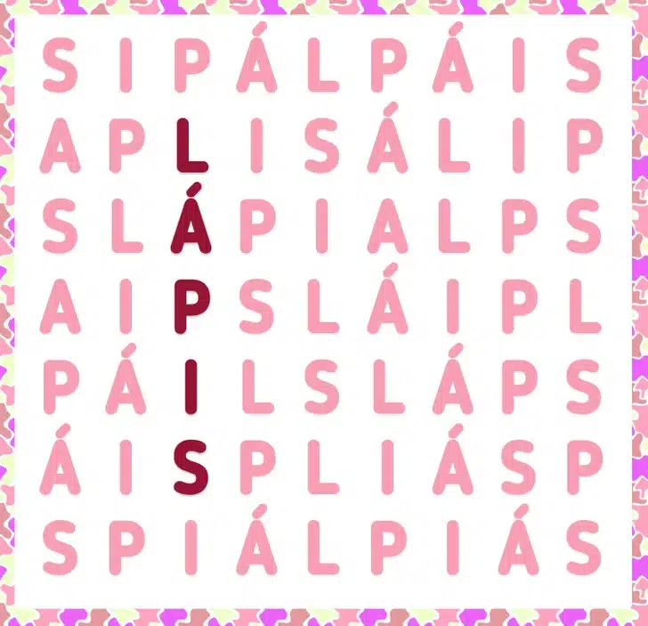 Teste visual com caça-palavras colorido e várias letras repetidas em diferentes posições.