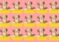 Teste visual com quinze ilustrações de cachorros em banheiras amarelas com sabão e fundo rosa