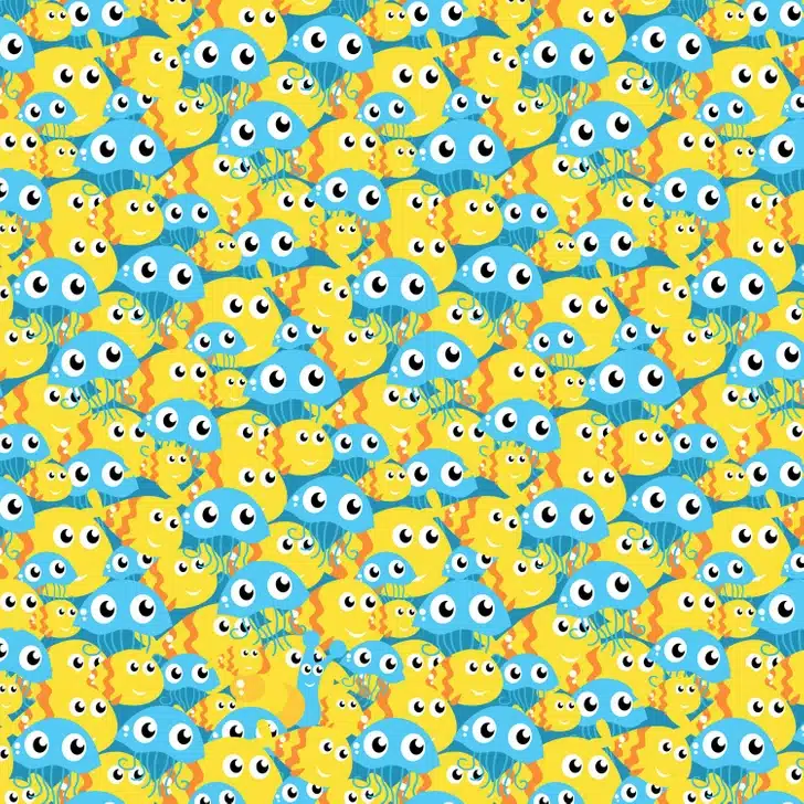 Teste visual com uma ilustração repetida de peixes e águas-vivas amarelas e azuis com olhos grandes
