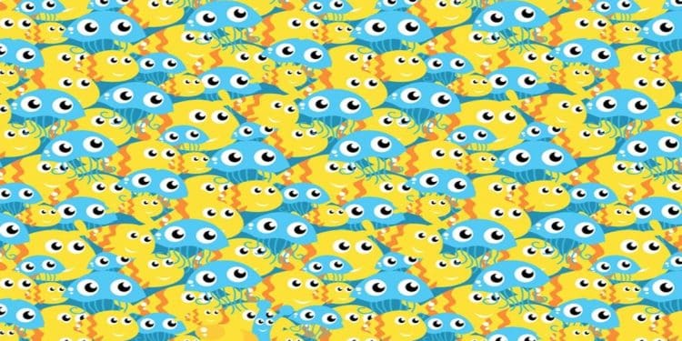 Teste visual com uma ilustração repetida de peixes e águas-vivas amarelas e azuis com olhos grandes