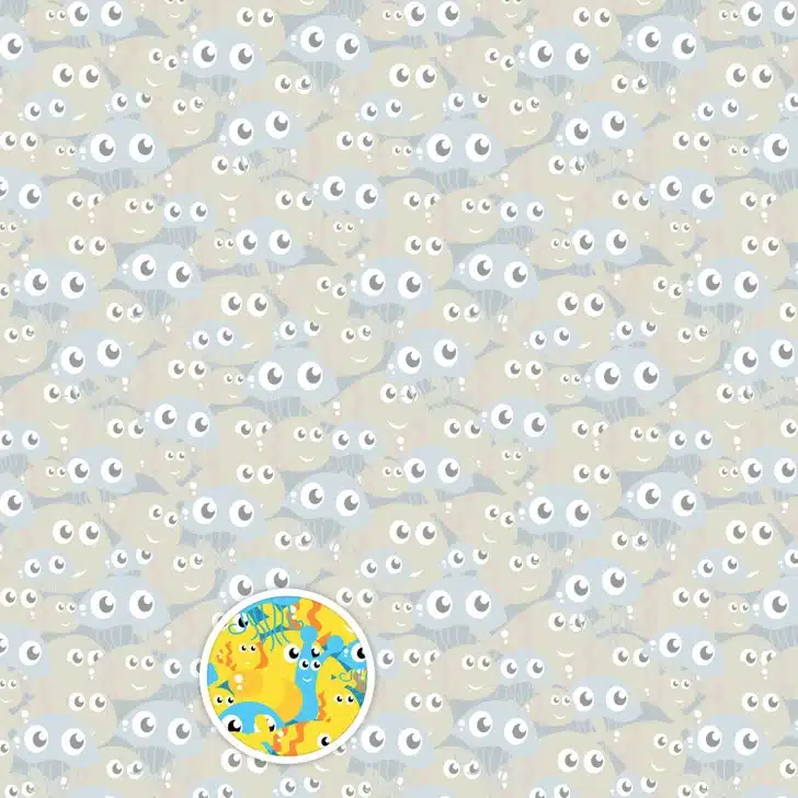 Teste visual com uma ilustração repetida de peixes e águas-vivas amarelas e azuis com olhos grandes