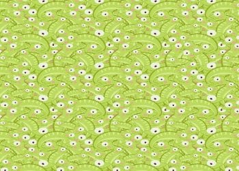 Teste visual com uma ilustração de padrão repetitivo de iguanas verdes em estilo de desenho