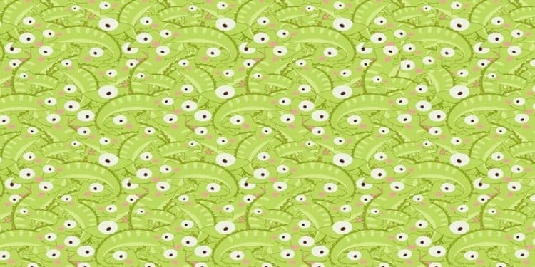 Teste visual com uma ilustração de padrão repetitivo de iguanas verdes em estilo de desenho