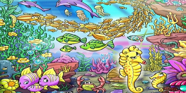 Teste visual com um desenho de animais marinhos como golfinhos, peixes, cavalos-marinhos e corais em um recife subaquático