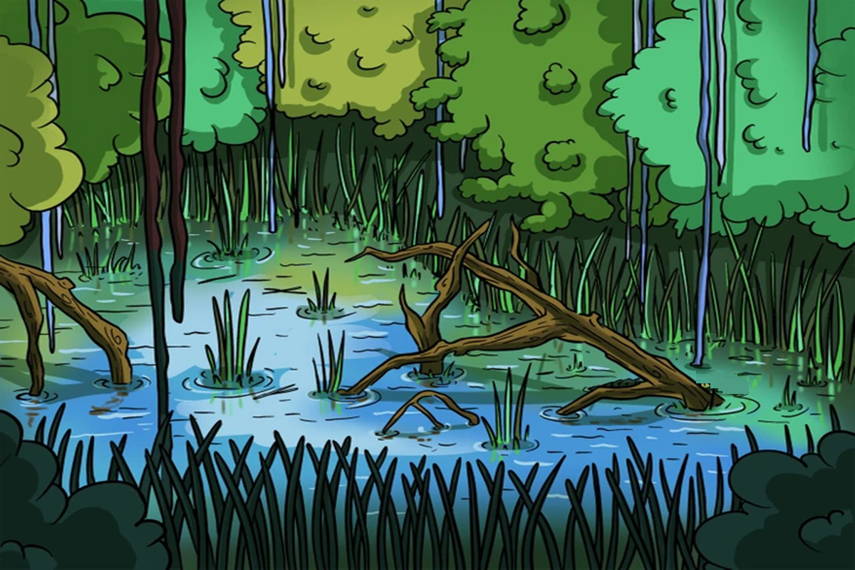 Teste visual de um desenho do pântano com troncos caídos, vegetação e água parada