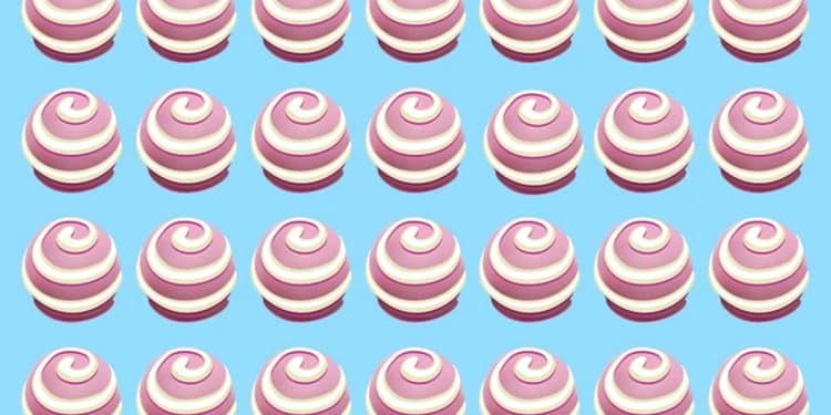 Teste visual com vinte e oito doces redondos rosa e branco em espiral sobre fundo azul